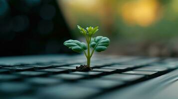 ai generado generativo ai, planta creciente desde el ordenador portátil teclado. ecología y ambiente concepto foto