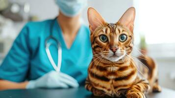 ai generado generativo ai, linda gato siendo examinado por profesional veterinario en veterinario clínica foto