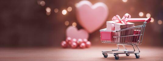 AI generated Generative AI, golden and pink shopping cart with many gift boxes on pink background, Valentine day concept, discount and sale. photo