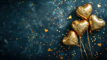 AI generated Generative AI, Foil golden balloons in heart shape and confetti for Valentine's day or wedding with copy space photo