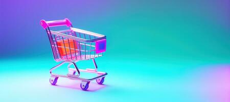 AI generated Generative AI, shopping cart on neon gradient background, 80s and 90s style, minimalistic shop online, free delivery, discounts and sale concept. photo