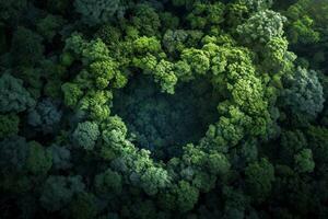 ai generado generativo ai, verde bosque con corazón forma, hermosa paisaje con blanco nubes, ambiente amor planeta concepto foto