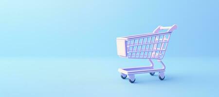 AI generated Generative AI, empty shopping cart on blue background, minimalistic shop online, free delivery, discounts and sale concept. photo