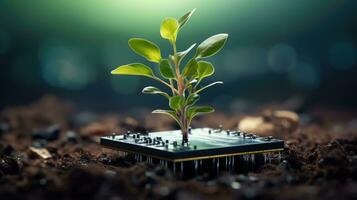 AI generated Generative AI, Plant growing from the circuit board. Ecology and environment concept photo