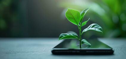 AI generated Generative AI, Plant growing from the smartphone screen. Ecology and environment concept photo