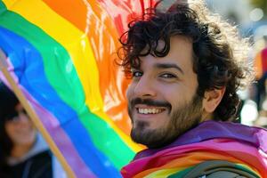 ai generado generativo ai, gay hombre sonriente con arco iris bandera, lgbt personas caminando en el calle durante el orgullo gay orgullo foto