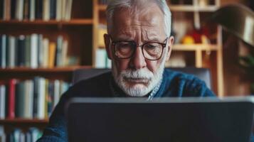 AI generated Generative AI, Senior man working with a laptop computer at the table, wearing glasses, learning to use a computer photo