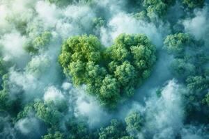 ai generado generativo ai, verde bosque con corazón forma, hermosa paisaje con blanco nubes, ambiente amor planeta concepto foto