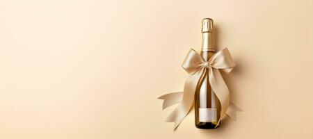 AI generated Generative AI, Beige champagne bottle mockup with bow on beige background photo