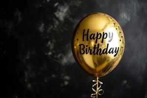 AI generated Generative AI, golden balloon with congratulation, Happy Birthday, black background photo