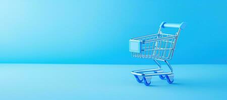 AI generated Generative AI, empty shopping cart on blue background, minimalistic shop online, free delivery, discounts and sale concept. photo