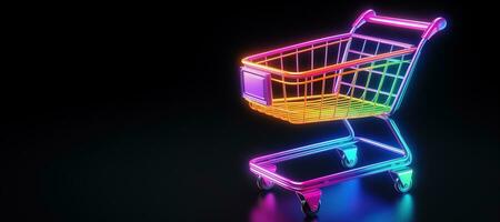 AI generated Generative AI, neon shopping cart on dark background, 80s and 90s style, minimalistic shop online, free delivery, discounts and sale concept. photo