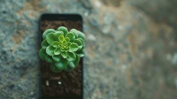 AI generated Generative AI, Plant growing from the smartphone screen. Ecology and environment concept photo