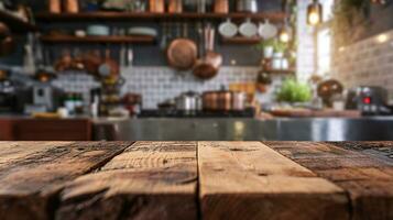 ai generado generativo ai, vacío de madera mesa en borroso moderno cocina antecedentes con Copiar espacio foto