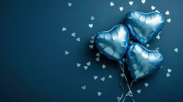 AI generated Generative AI, Foil blue balloons in heart shape and confetti for Valentine's day or wedding with copy space photo