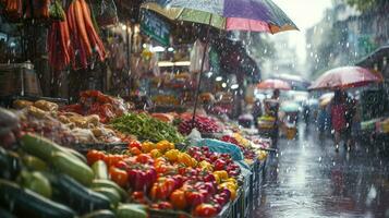 AI generated Generative AI, Traditional oriental asian market with fruits and vegetables under the rain with umbrellas photo