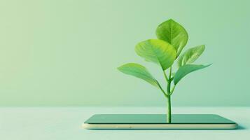 AI generated Generative AI, Plant growing from the smartphone screen. Ecology and environment concept photo