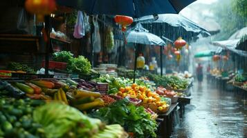 ai generado generativo ai, tradicional oriental asiático mercado con frutas y vegetales debajo el lluvia con paraguas foto