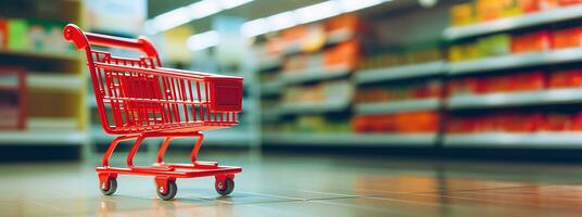 ai generado generativo ai, rojo compras carro en el supermercado, gratis entrega, descuentos y rebaja concepto. foto