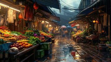 ai generado generativo ai, tradicional oriental asiático mercado con frutas y vegetales debajo el lluvia con paraguas foto