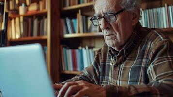 AI generated Generative AI, Senior man working with a laptop computer at the table, wearing glasses, learning to use a computer photo