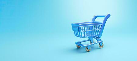 AI generated Generative AI, empty shopping cart on blue background, minimalistic shop online, free delivery, discounts and sale concept. photo