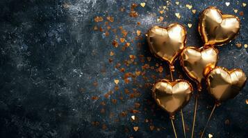 AI generated Generative AI, Foil golden balloons in heart shape and confetti for Valentine's day or wedding with copy space photo