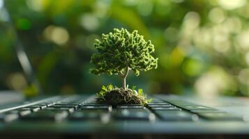 AI generated Generative AI, Plant growing from the laptop keyboard. Ecology and environment concept photo