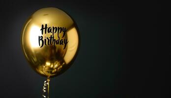 AI generated Generative AI, golden balloon with congratulation, Happy Birthday, black background photo