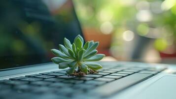 AI generated Generative AI, Plant growing from the laptop keyboard. Ecology and environment concept photo