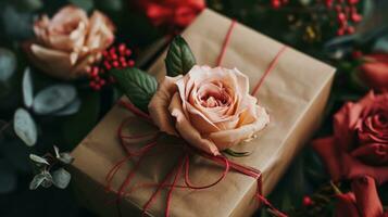 AI generated Generative AI, Valentine's Day gift box with decoration close up, muted colors, holiday photorealistic aesthetic background photo