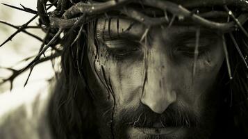 AI generated Generative AI, Jesus Christ in crown of thorns, photo close up