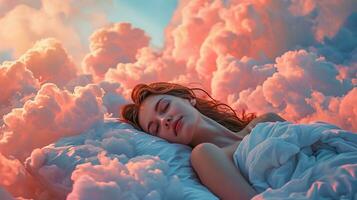 ai generado generativo ai, joven mujer son dormido rodeado por mullido algodonero rosado nubes en el cielo foto