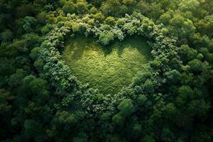 ai generado generativo ai, verde bosque con corazón forma, hermosa paisaje con blanco nubes, ambiente amor planeta concepto foto