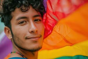 ai generado generativo ai, gay hombre sonriente con arco iris bandera, lgbt personas caminando en el calle durante el orgullo gay orgullo foto