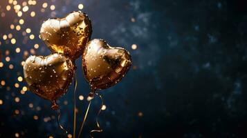 AI generated Generative AI, Foil golden balloons in heart shape and confetti for Valentine's day or wedding with copy space photo