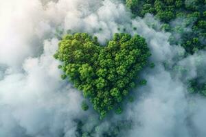 ai generado generativo ai, verde bosque con corazón forma, hermosa paisaje con blanco nubes, ambiente amor planeta concepto foto