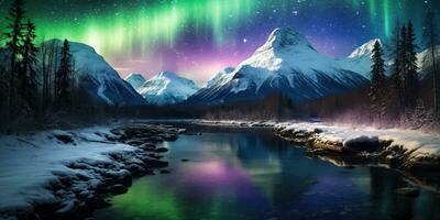 AI generated Generative AI, Green and pink northern lights above snowy mountains, winter landscape, aurora and reflection on the water surface photo