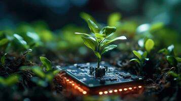 AI generated Generative AI, Plant growing from the circuit board. Ecology and environment concept photo