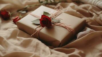 AI generated Generative AI, Valentine's Day gift box with decoration close up, muted colors, holiday photorealistic aesthetic background photo