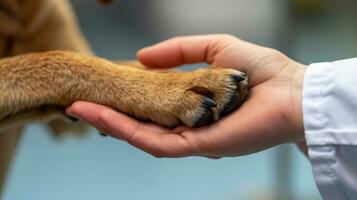 AI generated Generative AI, veterinarian hand is holding dog's claw. Dog's paw in human's hand. Domestic pet photo
