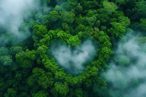 AI generated Generative AI, Green forest with heart shape, beautiful landscape with white clouds, environment love planet concept photo