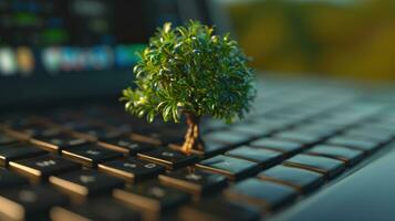 AI generated Generative AI, Plant growing from the laptop keyboard. Ecology and environment concept photo