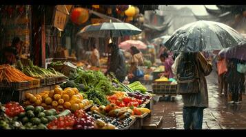 ai generado generativo ai, tradicional oriental asiático mercado con frutas y vegetales debajo el lluvia con paraguas foto