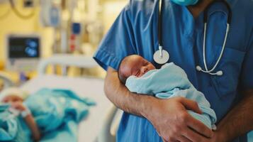 AI generated Generative AI, Pediatrician doctor holding a newborn baby in hospital, concept of childbirth and healthcare professionals photo