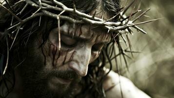 AI generated Generative AI, Jesus Christ in crown of thorns, photo close up