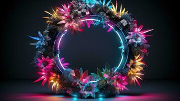 AI generated Generative AI, Christmas wreath in cyberpunk style, futuristic nostalgic 80s, 90s. Neon lights vibrant colors. photo