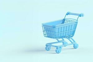 AI generated Generative AI, empty shopping cart on blue background, minimalistic shop online, free delivery, discounts and sale concept. photo