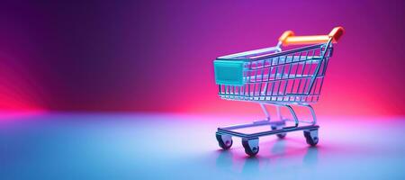 AI generated Generative AI, shopping cart on neon gradient background, 80s and 90s style, minimalistic shop online, free delivery, discounts and sale concept. photo