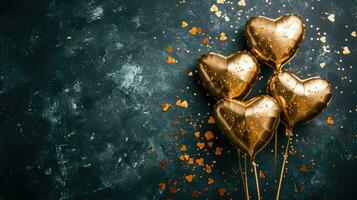 AI generated Generative AI, Foil golden balloons in heart shape and confetti for Valentine's day or wedding with copy space photo